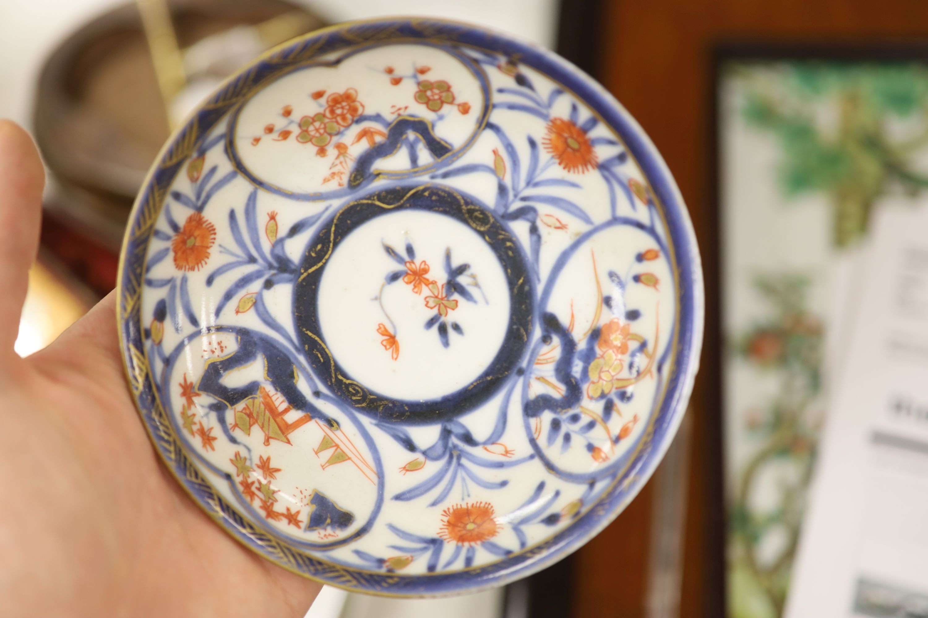 Three 18th century Chinese famille rose or Imari tea bowls together with five saucers